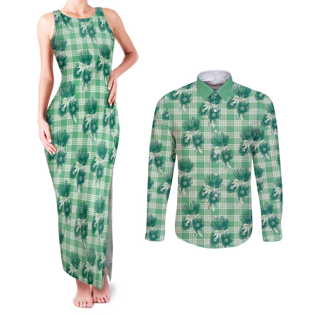 Green Palaka Hawaii Couples Matching Tank Maxi Dress and Long Sleeve Button Shirt Hawaiian Lehua Blossoms LT05 Green - Polynesian Pride
