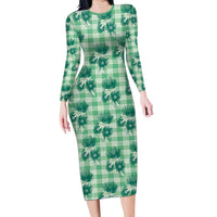 Green Palaka Hawaii Family Matching Long Sleeve Bodycon Dress and Hawaiian Shirt Hawaiian Lehua Blossoms LT05 Mom's Dress Green - Polynesian Pride