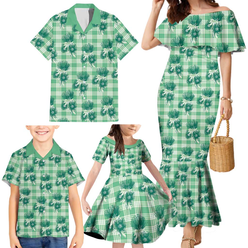Green Palaka Hawaii Family Matching Mermaid Dress and Hawaiian Shirt Hawaiian Lehua Blossoms LT05 - Polynesian Pride