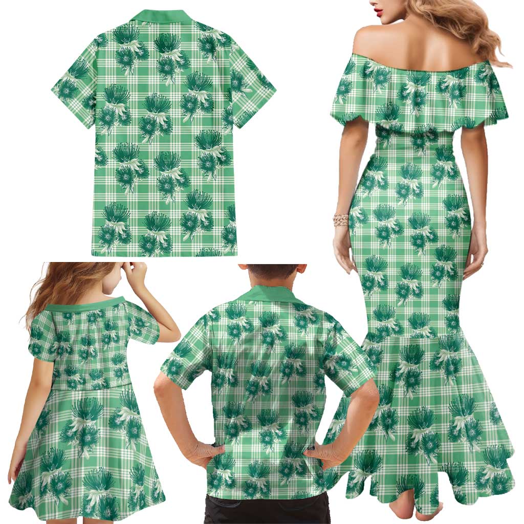 Green Palaka Hawaii Family Matching Mermaid Dress and Hawaiian Shirt Hawaiian Lehua Blossoms LT05 - Polynesian Pride