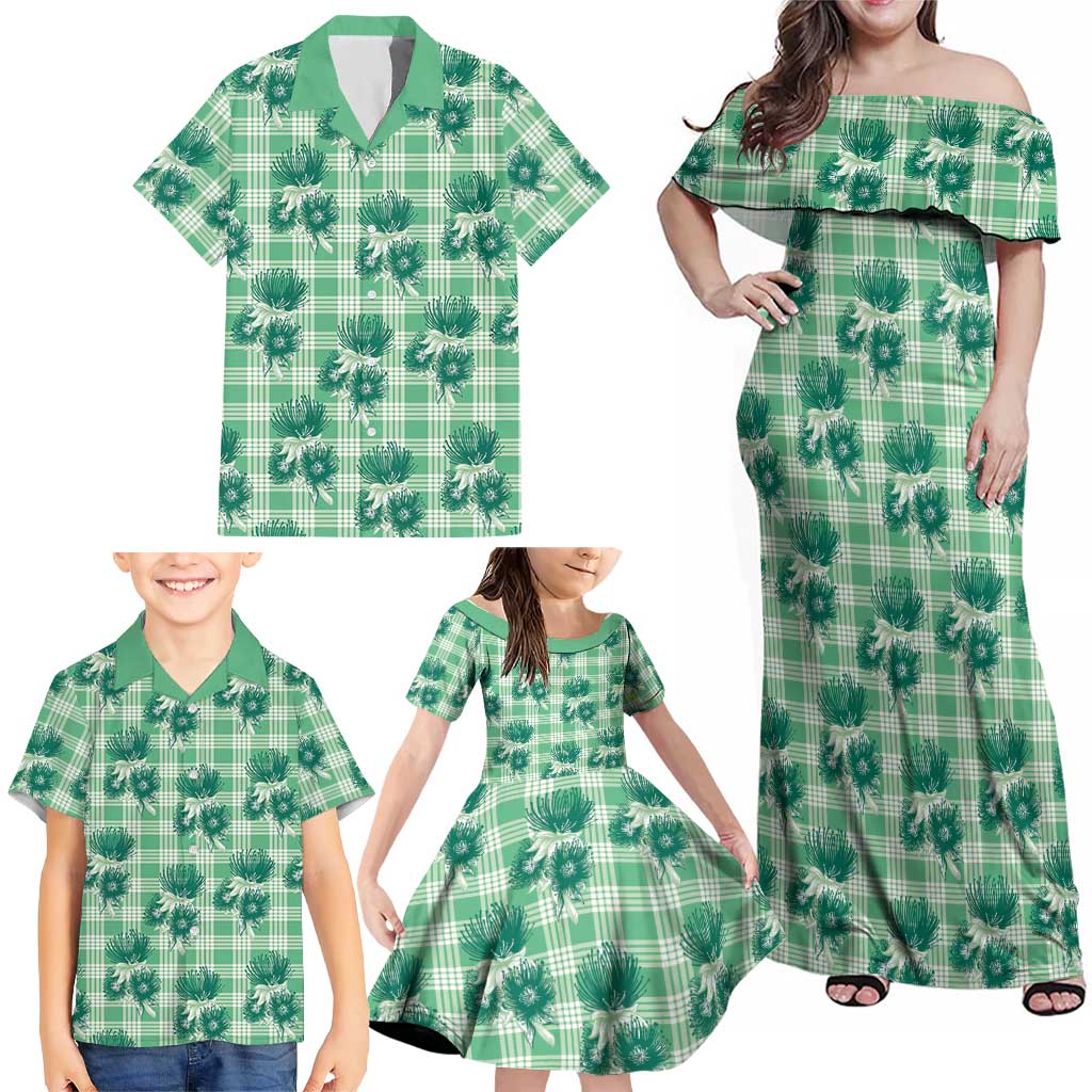 Green Palaka Hawaii Family Matching Off Shoulder Maxi Dress and Hawaiian Shirt Hawaiian Lehua Blossoms LT05 - Polynesian Pride