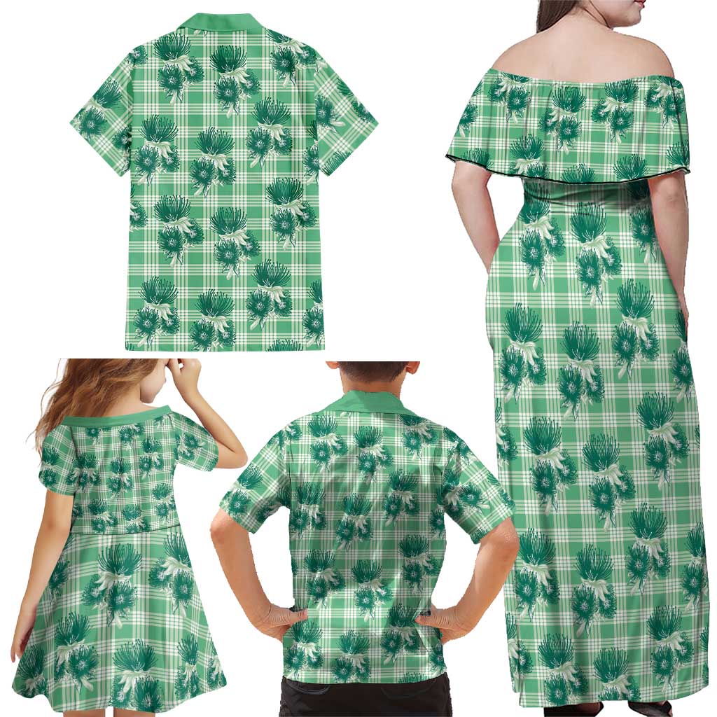 Green Palaka Hawaii Family Matching Off Shoulder Maxi Dress and Hawaiian Shirt Hawaiian Lehua Blossoms LT05 - Polynesian Pride
