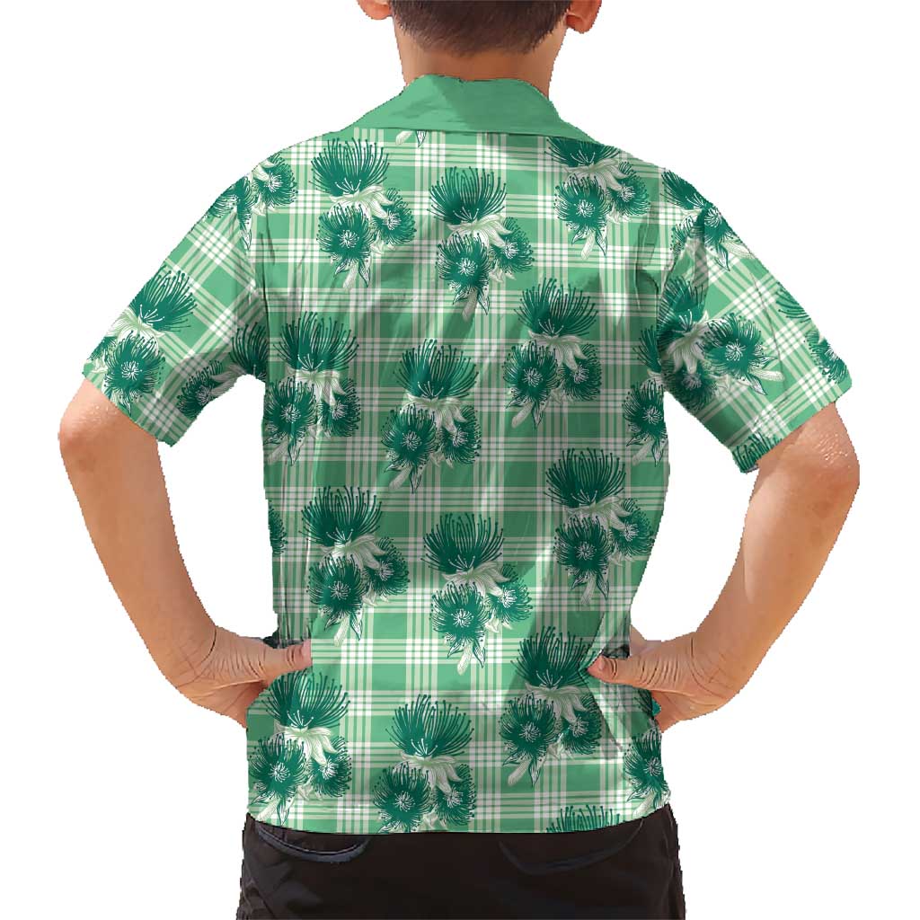 Green Palaka Hawaii Family Matching Off Shoulder Short Dress and Hawaiian Shirt Hawaiian Lehua Blossoms LT05 - Polynesian Pride