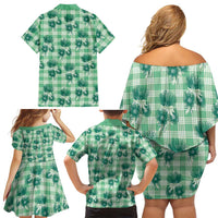Green Palaka Hawaii Family Matching Off Shoulder Short Dress and Hawaiian Shirt Hawaiian Lehua Blossoms LT05 - Polynesian Pride