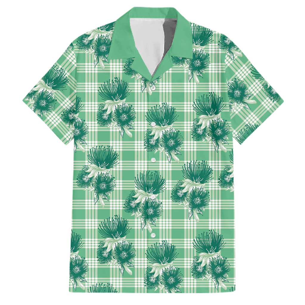 Green Palaka Hawaii Family Matching Off Shoulder Short Dress and Hawaiian Shirt Hawaiian Lehua Blossoms LT05 Dad's Shirt - Short Sleeve Green - Polynesian Pride