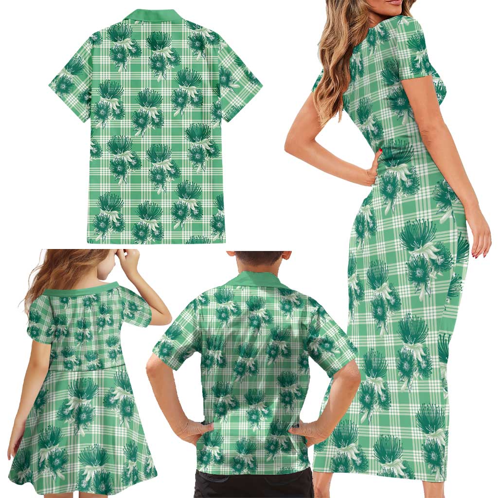 Green Palaka Hawaii Family Matching Short Sleeve Bodycon Dress and Hawaiian Shirt Hawaiian Lehua Blossoms LT05 - Polynesian Pride