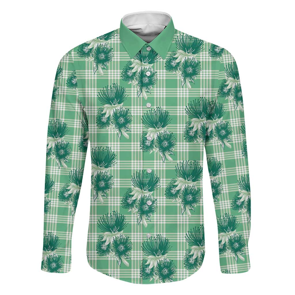 Green Palaka Hawaii Family Matching Short Sleeve Bodycon Dress and Hawaiian Shirt Hawaiian Lehua Blossoms LT05 Dad's Shirt - Long Sleeve Green - Polynesian Pride