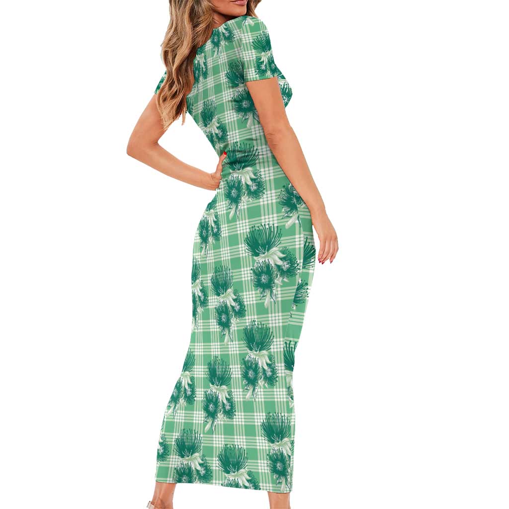 Green Palaka Hawaii Family Matching Short Sleeve Bodycon Dress and Hawaiian Shirt Hawaiian Lehua Blossoms LT05 - Polynesian Pride