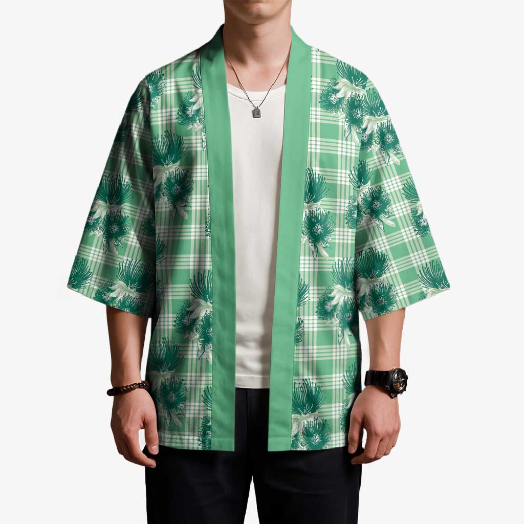 Green Palaka Hawaii Kimono Hawaiian Lehua Blossoms