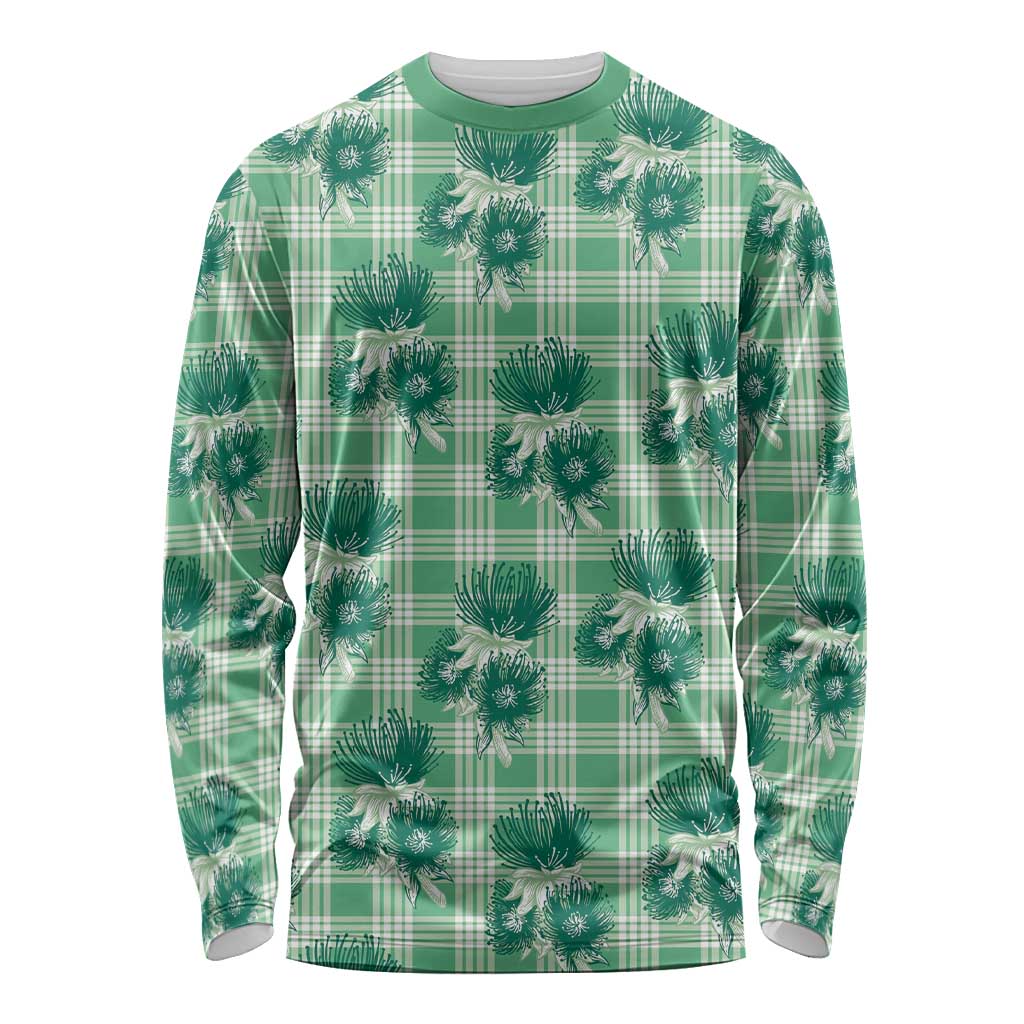 Green Palaka Hawaii Long Sleeve Shirt Hawaiian Lehua Blossoms