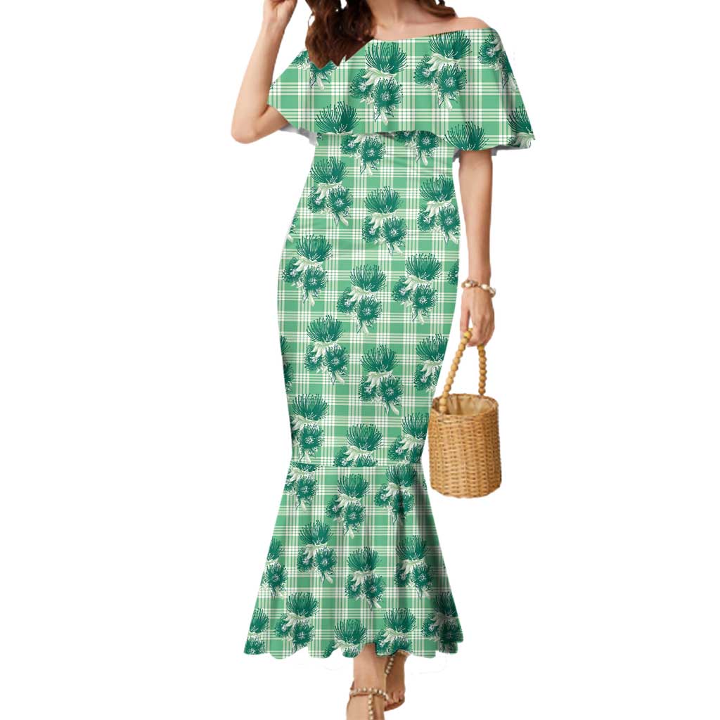 Green Palaka Hawaii Mermaid Dress Hawaiian Lehua Blossoms