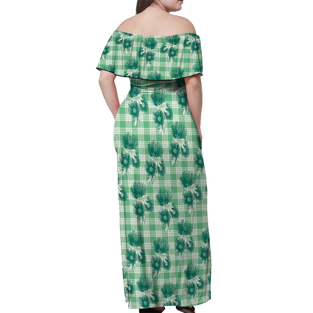 Green Palaka Hawaii Off Shoulder Maxi Dress Hawaiian Lehua Blossoms