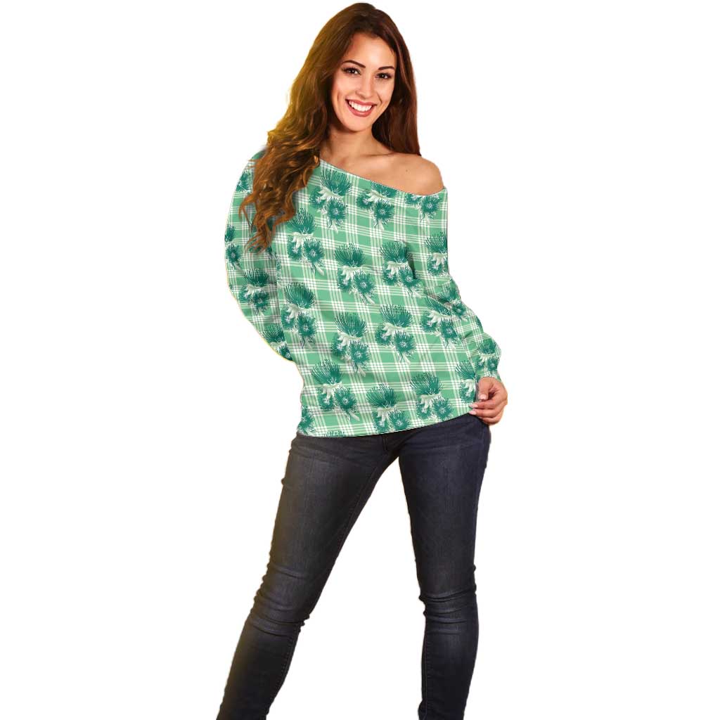 Green Palaka Hawaii Off Shoulder Sweater Hawaiian Lehua Blossoms