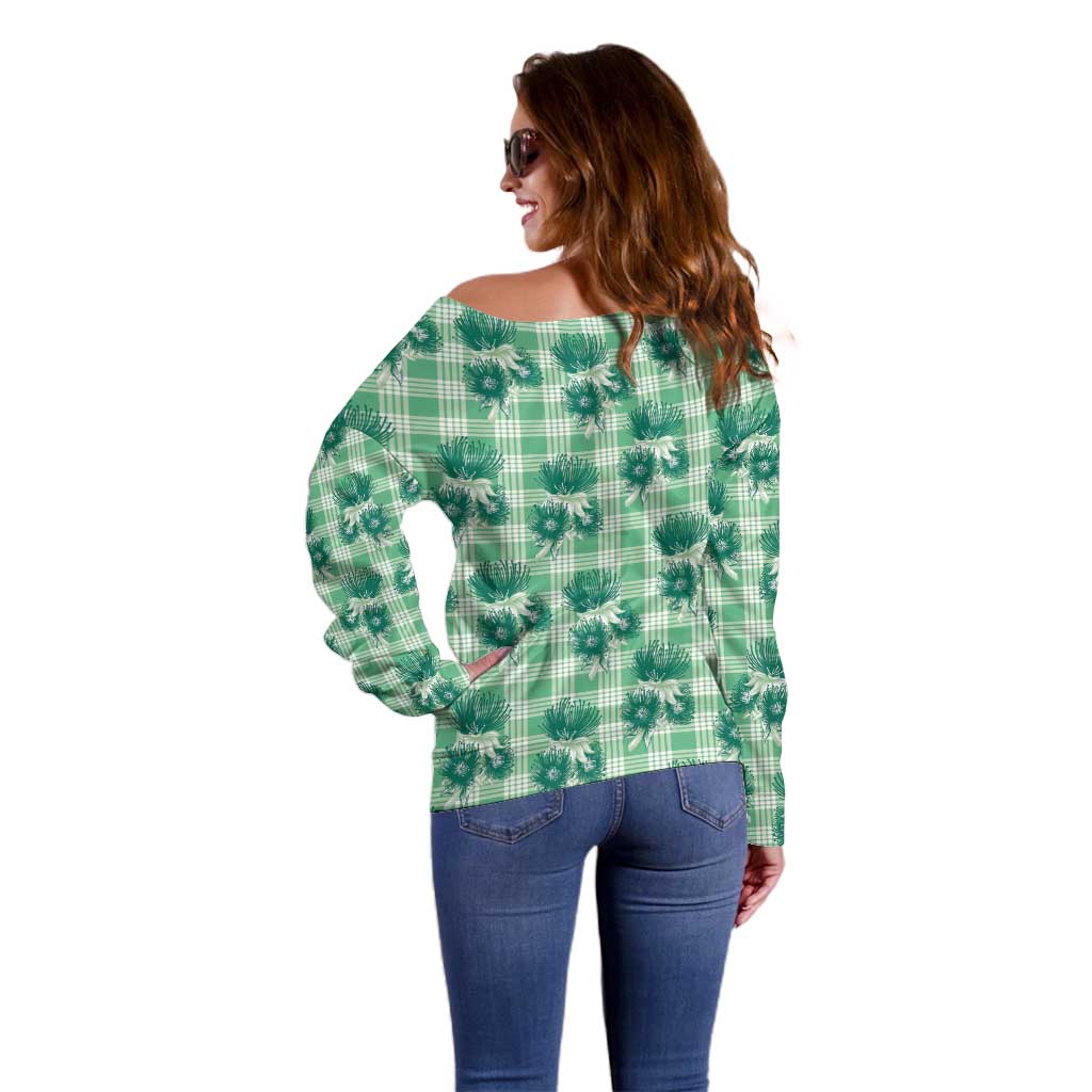Green Palaka Hawaii Off Shoulder Sweater Hawaiian Lehua Blossoms