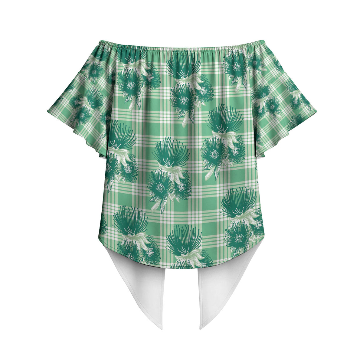 Green Palaka Hawaii Off Shoulder Wrap Waist Top Hawaiian Lehua Blossoms LT05 - Polynesian Pride
