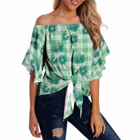 Green Palaka Hawaii Off Shoulder Wrap Waist Top Hawaiian Lehua Blossoms LT05 - Polynesian Pride