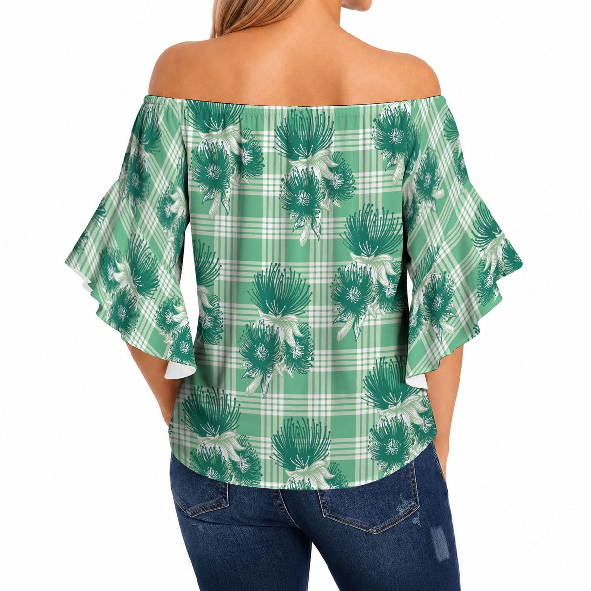 Green Palaka Hawaii Off Shoulder Wrap Waist Top Hawaiian Lehua Blossoms LT05 - Polynesian Pride