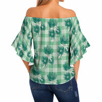Green Palaka Hawaii Off Shoulder Wrap Waist Top Hawaiian Lehua Blossoms LT05 - Polynesian Pride
