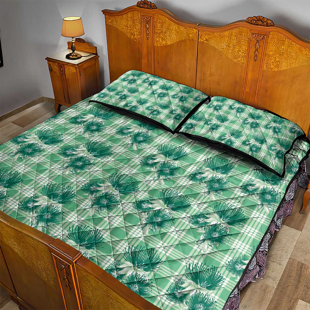 Green Palaka Hawaii Quilt Bed Set Hawaiian Lehua Blossoms