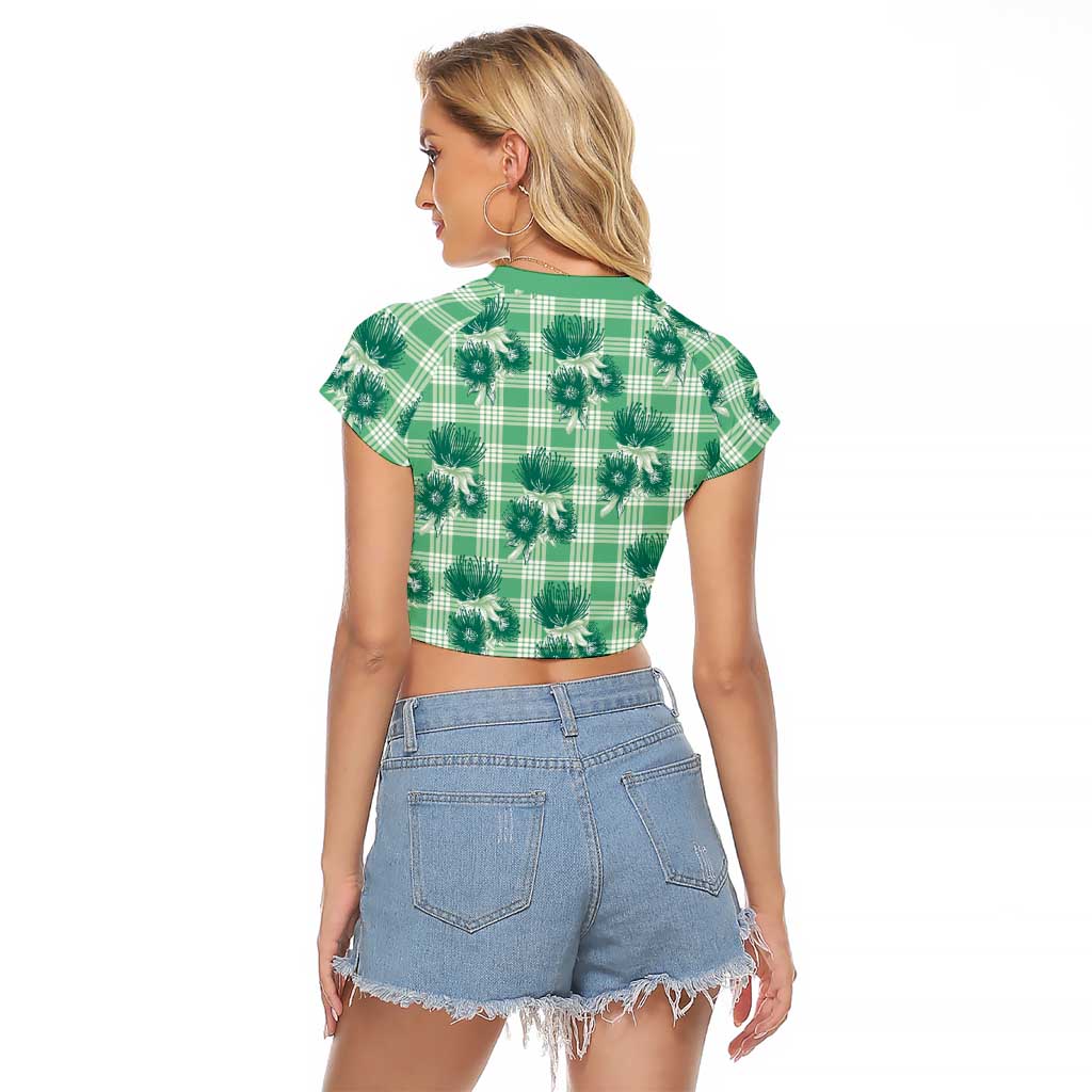 Green Palaka Hawaii Raglan Cropped T Shirt Hawaiian Lehua Blossoms