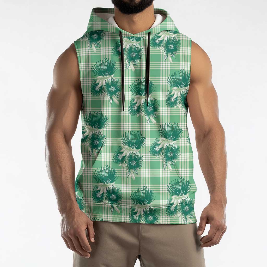 Green Palaka Hawaii Sleeveless Hoodie Hawaiian Lehua Blossoms