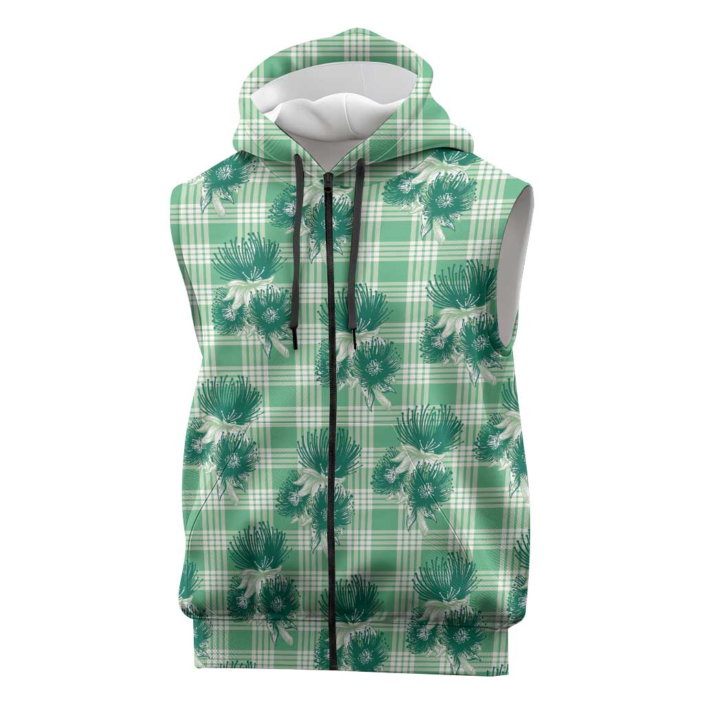 Green Palaka Hawaii Sleeveless Zip Hoodie Hawaiian Lehua Blossoms