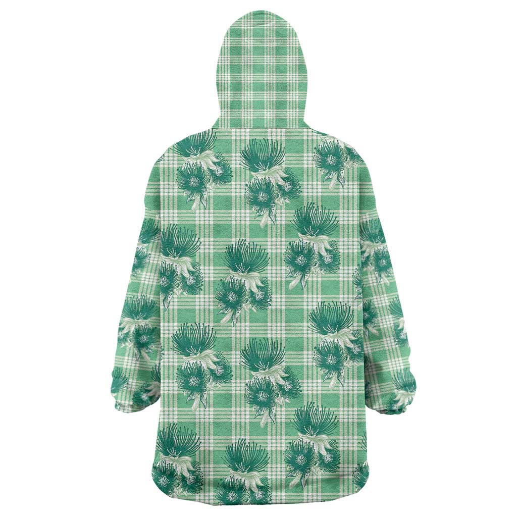 Green Palaka Hawaii Wearable Blanket Hoodie Hawaiian Lehua Blossoms