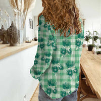 Green Palaka Hawaii Women Casual Shirt Hawaiian Lehua Blossoms