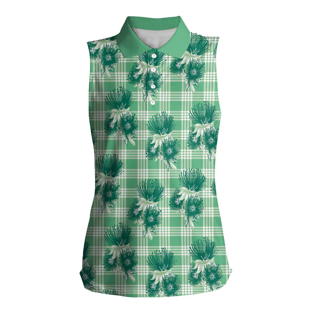 Green Palaka Hawaii Women Sleeveless Polo Shirt Hawaiian Lehua Blossoms LT05 Female Green - Polynesian Pride