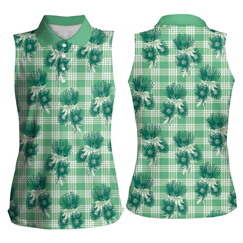 Green Palaka Hawaii Women Sleeveless Polo Shirt Hawaiian Lehua Blossoms LT05 - Polynesian Pride