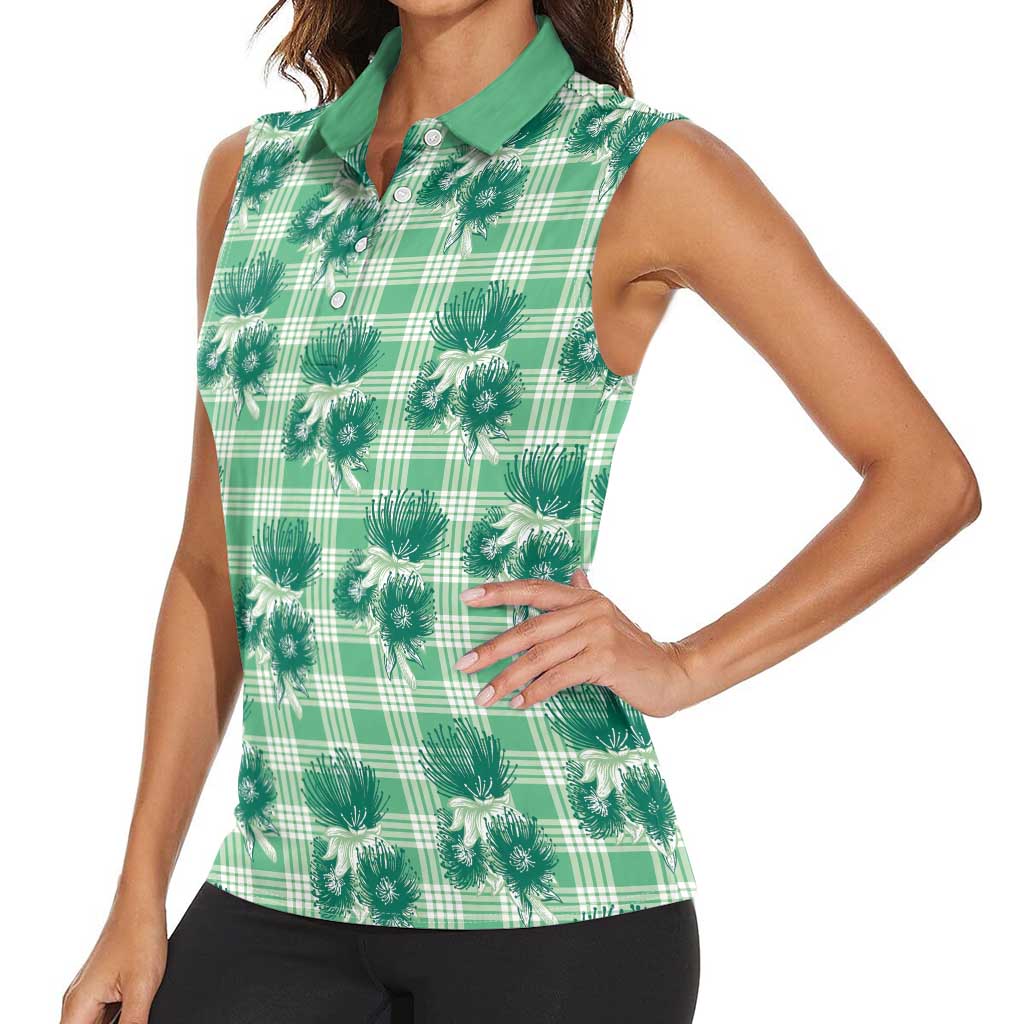Green Palaka Hawaii Women Sleeveless Polo Shirt Hawaiian Lehua Blossoms LT05 - Polynesian Pride