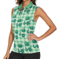 Green Palaka Hawaii Women Sleeveless Polo Shirt Hawaiian Lehua Blossoms LT05 - Polynesian Pride