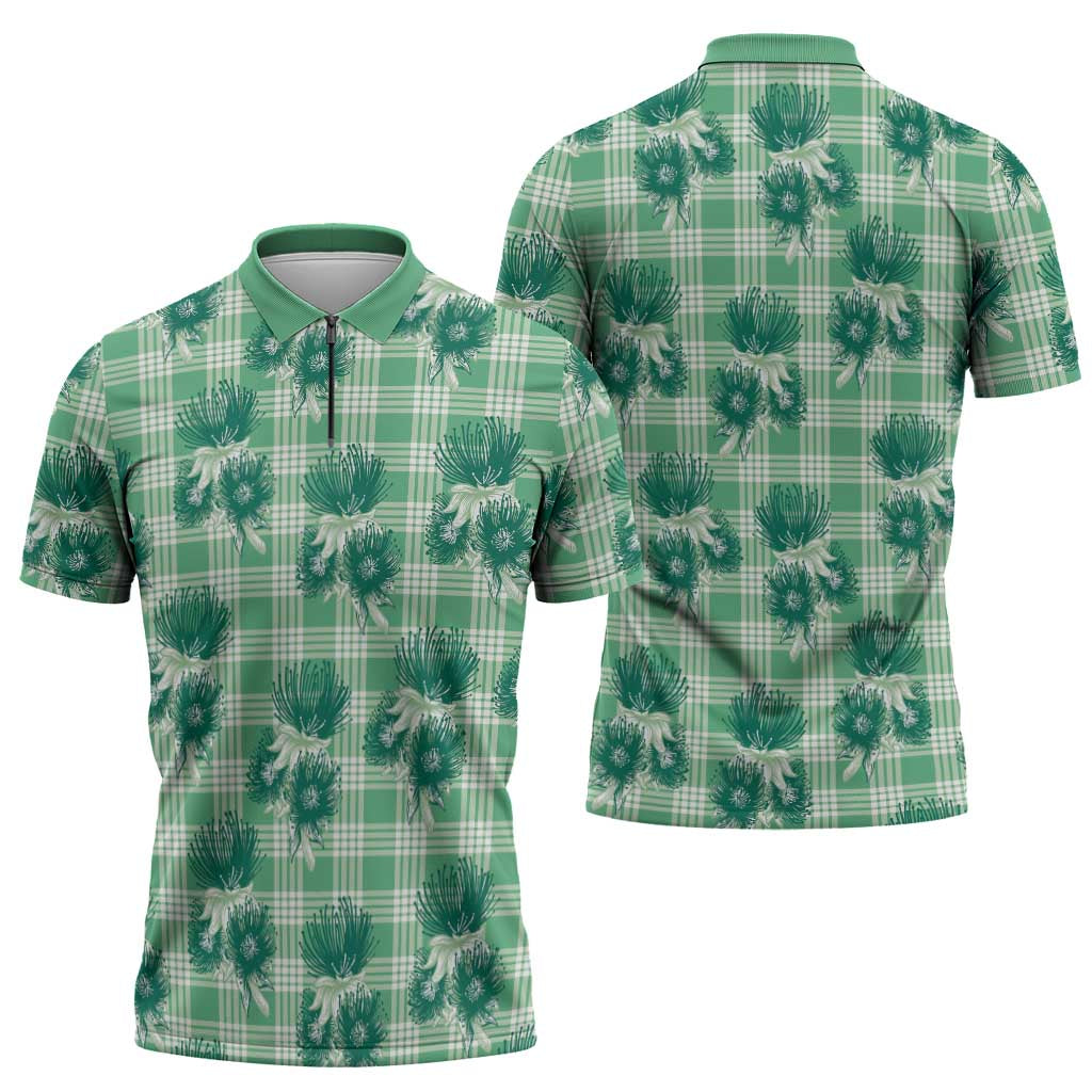 Green Palaka Hawaii Zipper Polo Shirt Hawaiian Lehua Blossoms