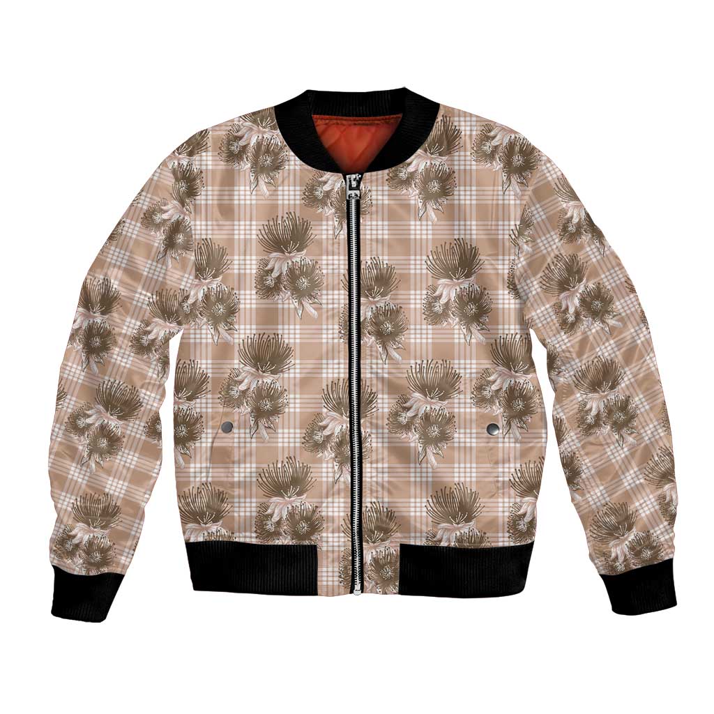 Brown Palaka Hawaii Bomber Jacket Hawaiian Lehua Blossoms