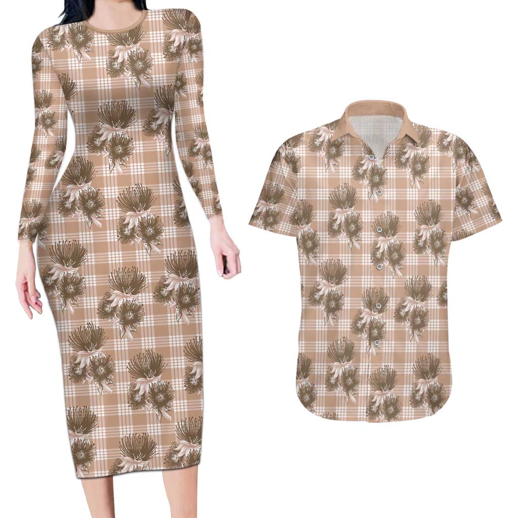 Brown Palaka Hawaii Couples Matching Long Sleeve Bodycon Dress and Hawaiian Shirt Hawaiian Lehua Blossoms LT05 Brown - Polynesian Pride