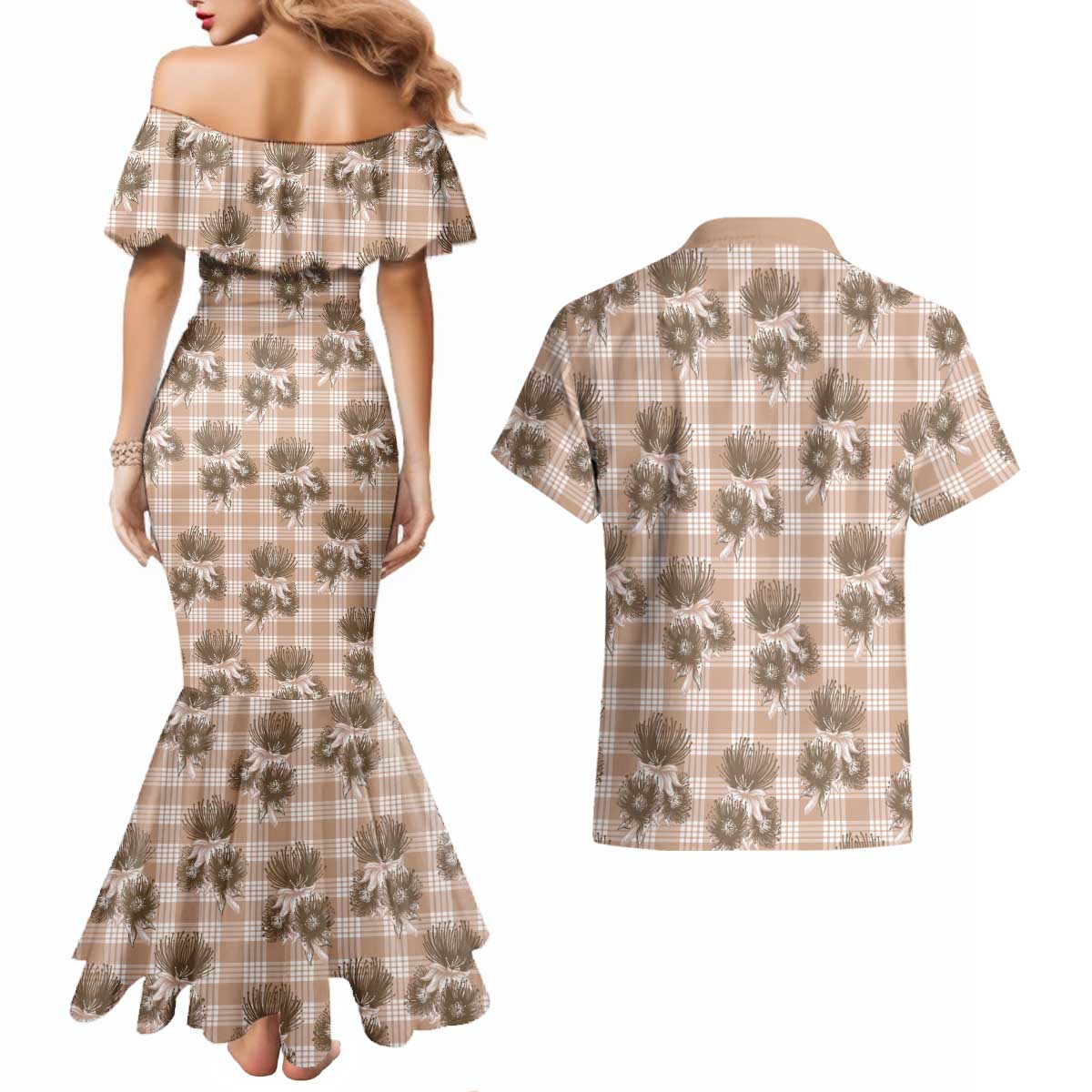 Brown Palaka Hawaii Couples Matching Mermaid Dress and Hawaiian Shirt Hawaiian Lehua Blossoms LT05 - Polynesian Pride