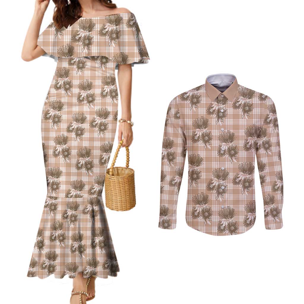 Brown Palaka Hawaii Couples Matching Mermaid Dress and Long Sleeve Button Shirt Hawaiian Lehua Blossoms LT05 Brown - Polynesian Pride