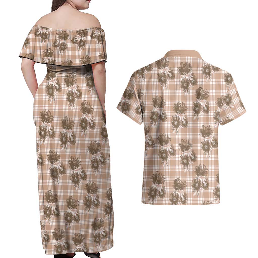 Brown Palaka Hawaii Couples Matching Off Shoulder Maxi Dress and Hawaiian Shirt Hawaiian Lehua Blossoms LT05 - Polynesian Pride