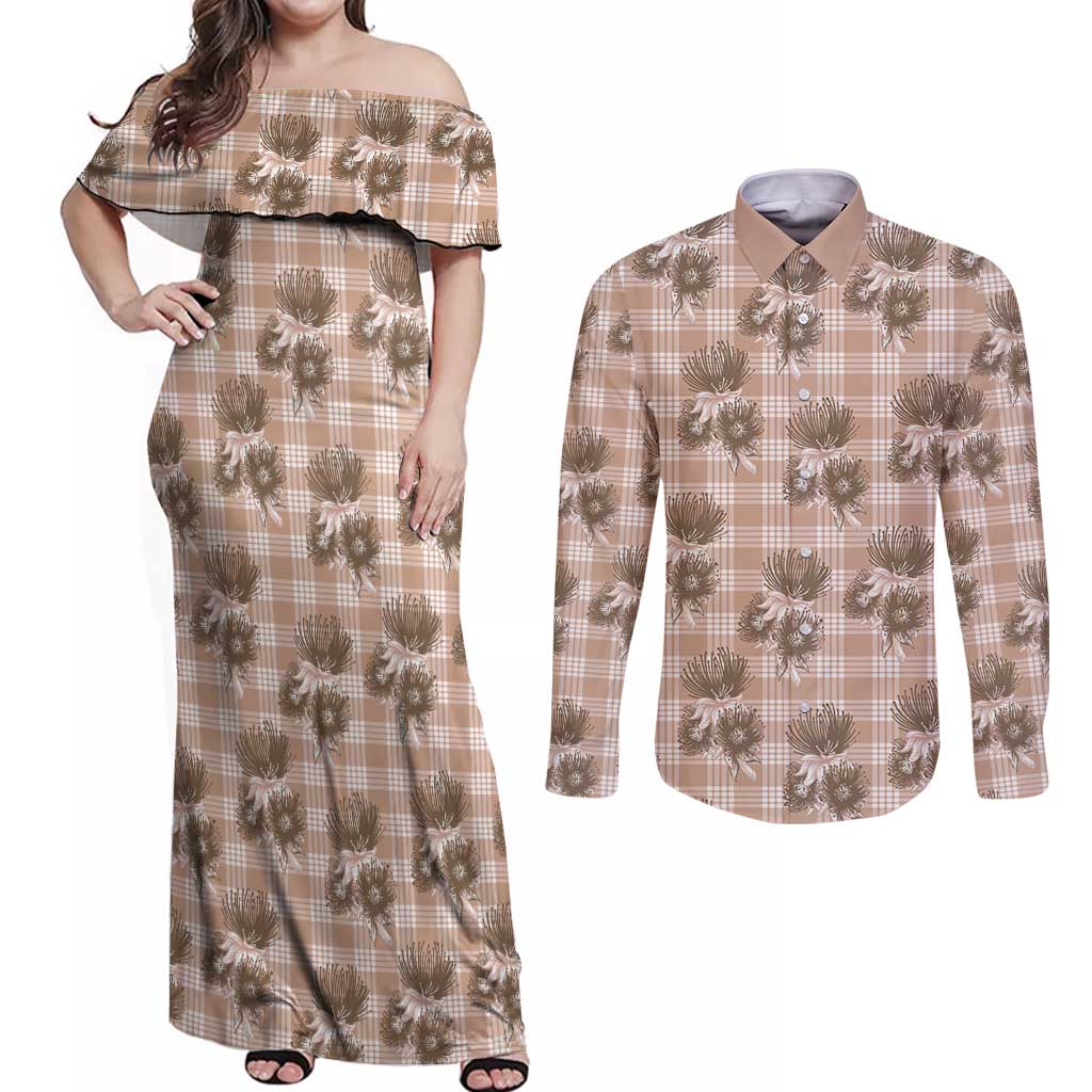 Brown Palaka Hawaii Couples Matching Off Shoulder Maxi Dress and Long Sleeve Button Shirt Hawaiian Lehua Blossoms LT05 Brown - Polynesian Pride