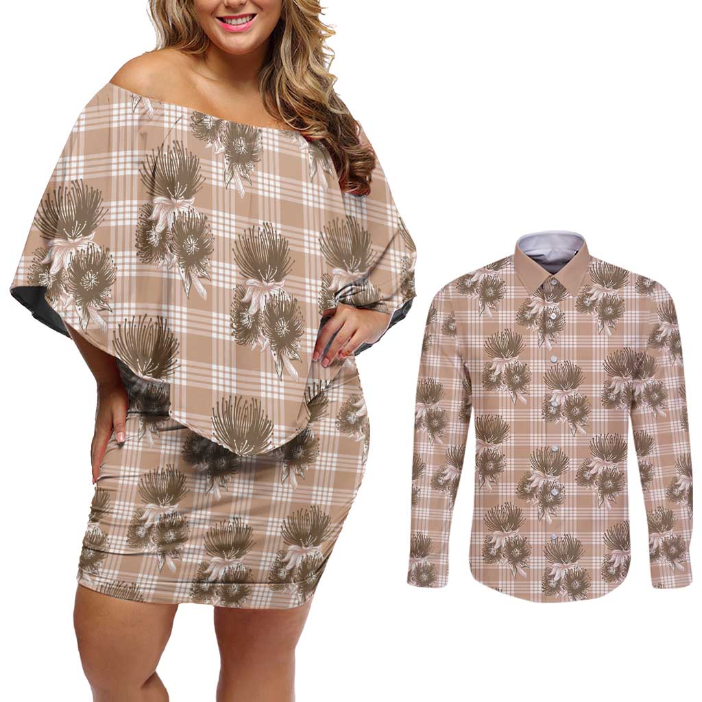 Brown Palaka Hawaii Couples Matching Off Shoulder Short Dress and Long Sleeve Button Shirt Hawaiian Lehua Blossoms LT05 Brown - Polynesian Pride