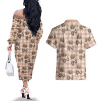 Brown Palaka Hawaii Couples Matching Off The Shoulder Long Sleeve Dress and Hawaiian Shirt Hawaiian Lehua Blossoms LT05 - Polynesian Pride
