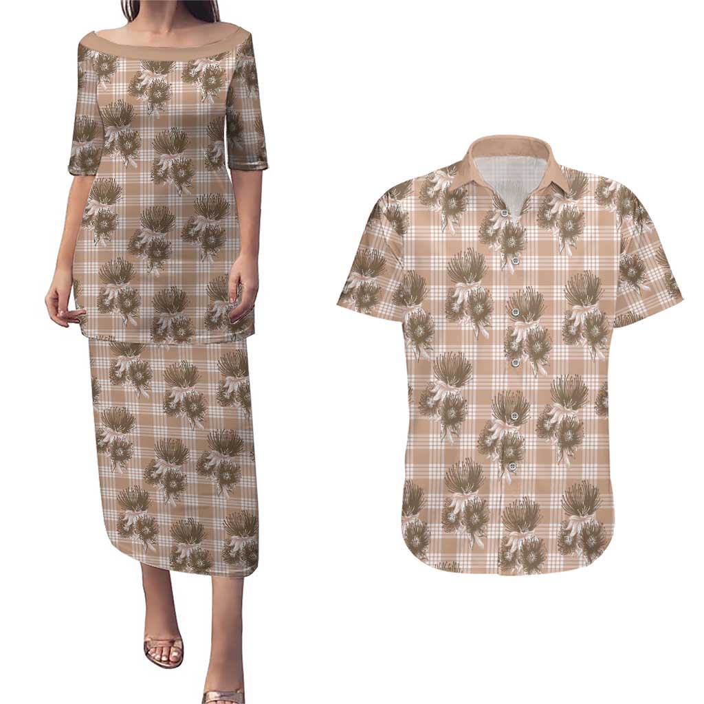 Brown Palaka Hawaii Couples Matching Puletasi and Hawaiian Shirt Hawaiian Lehua Blossoms LT05 Brown - Polynesian Pride