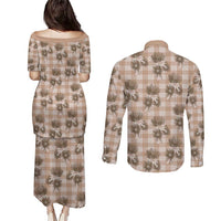 Brown Palaka Hawaii Couples Matching Puletasi and Long Sleeve Button Shirt Hawaiian Lehua Blossoms