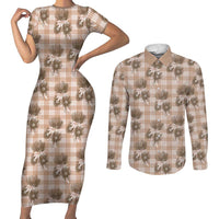 Brown Palaka Hawaii Couples Matching Short Sleeve Bodycon Dress and Long Sleeve Button Shirt Hawaiian Lehua Blossoms LT05 Brown - Polynesian Pride