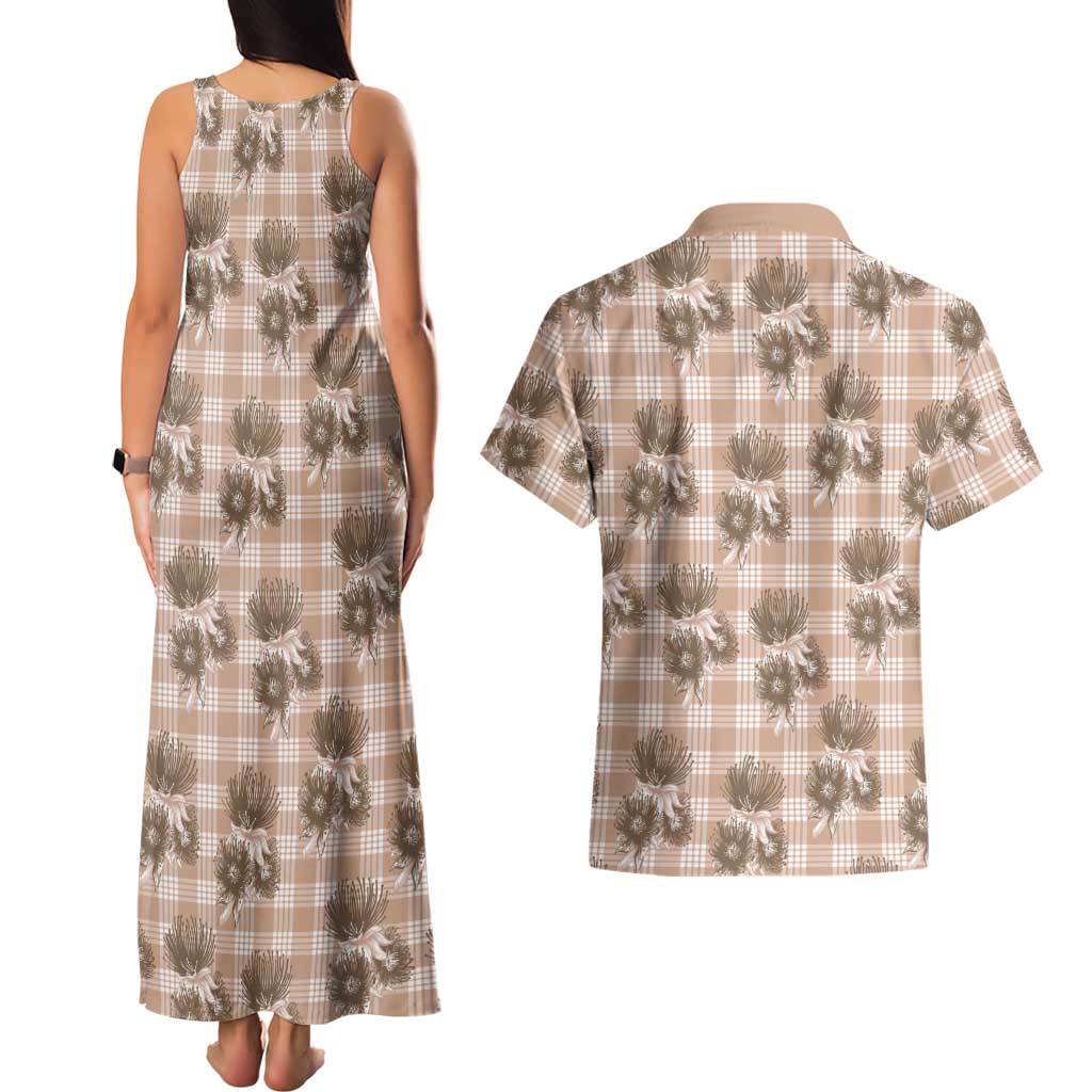Brown Palaka Hawaii Couples Matching Tank Maxi Dress and Hawaiian Shirt Hawaiian Lehua Blossoms LT05 - Polynesian Pride