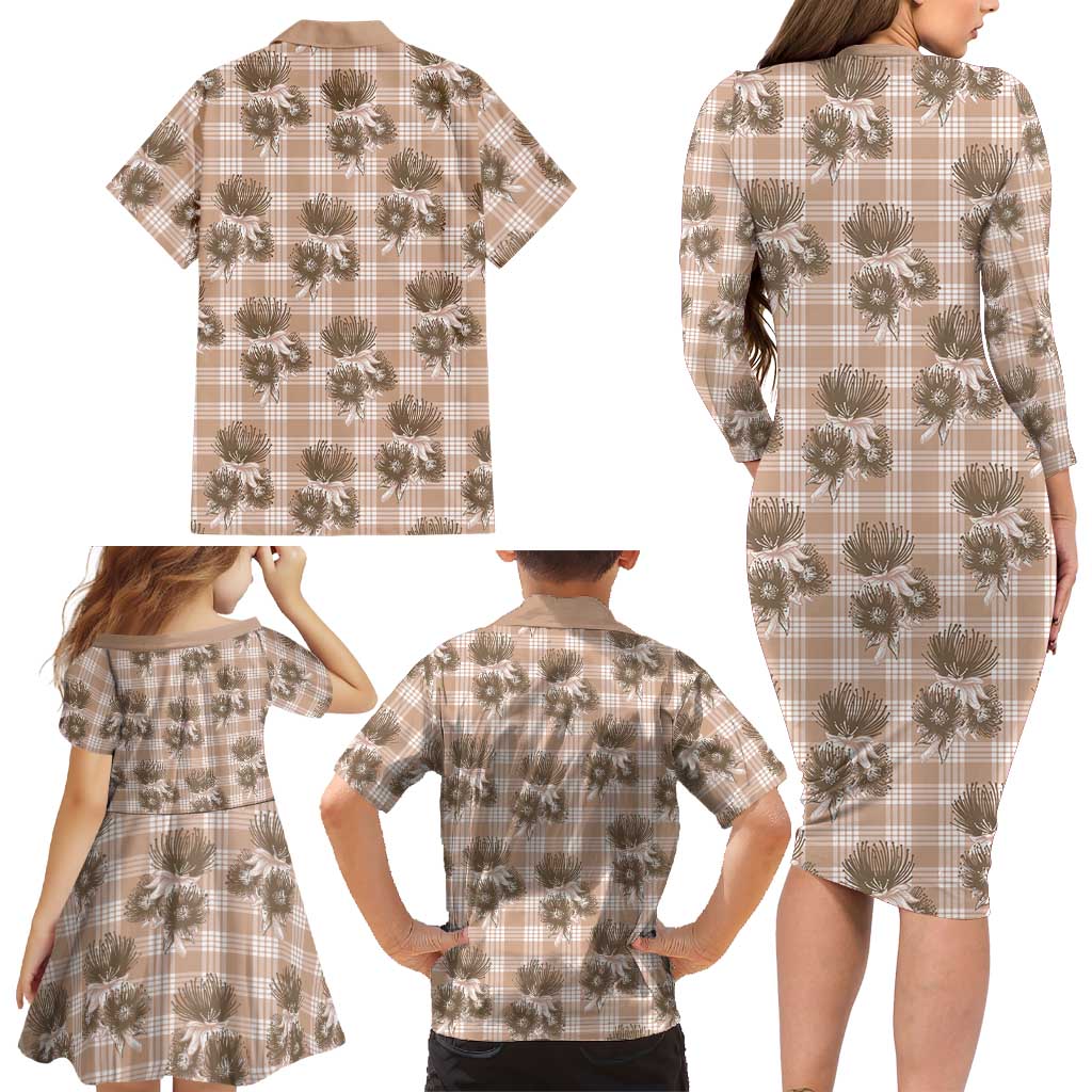 Brown Palaka Hawaii Family Matching Long Sleeve Bodycon Dress and Hawaiian Shirt Hawaiian Lehua Blossoms LT05 - Polynesian Pride