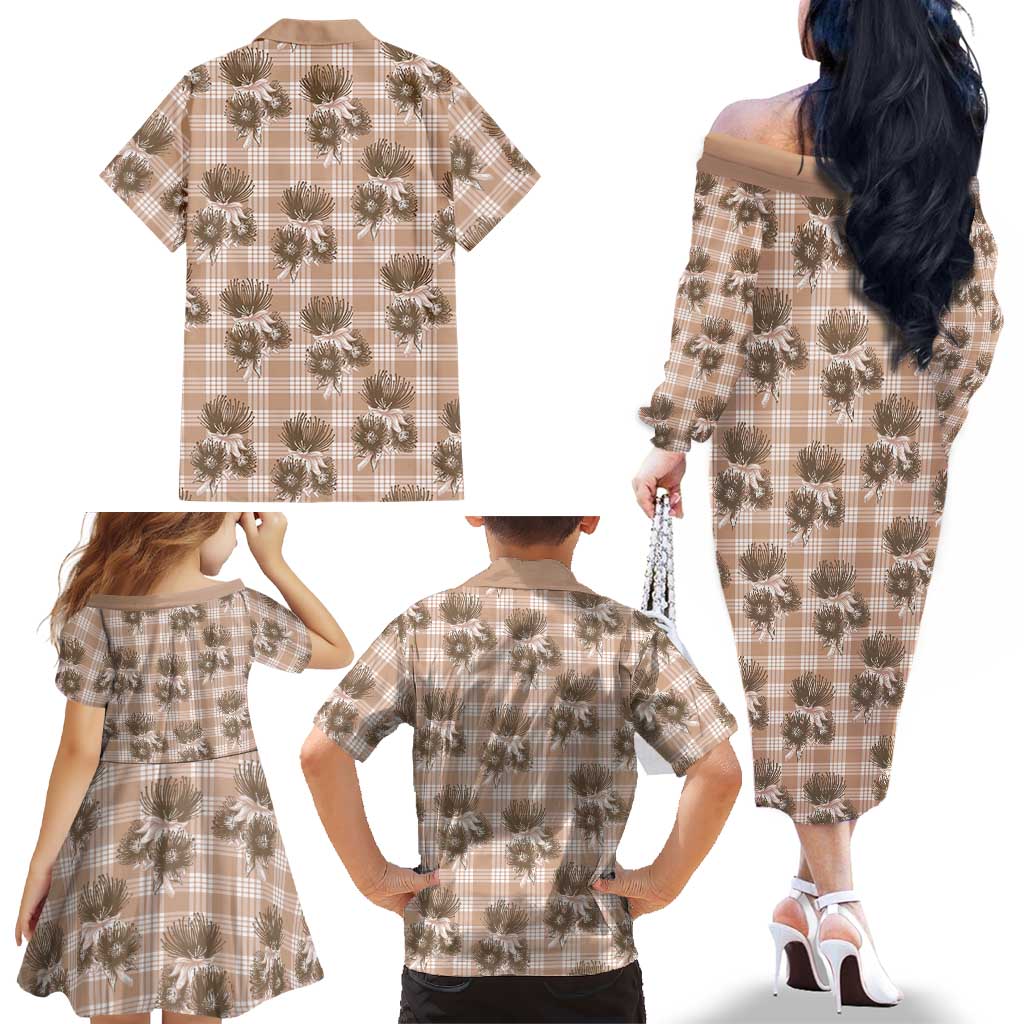 Brown Palaka Hawaii Family Matching Off The Shoulder Long Sleeve Dress and Hawaiian Shirt Hawaiian Lehua Blossoms LT05 - Polynesian Pride