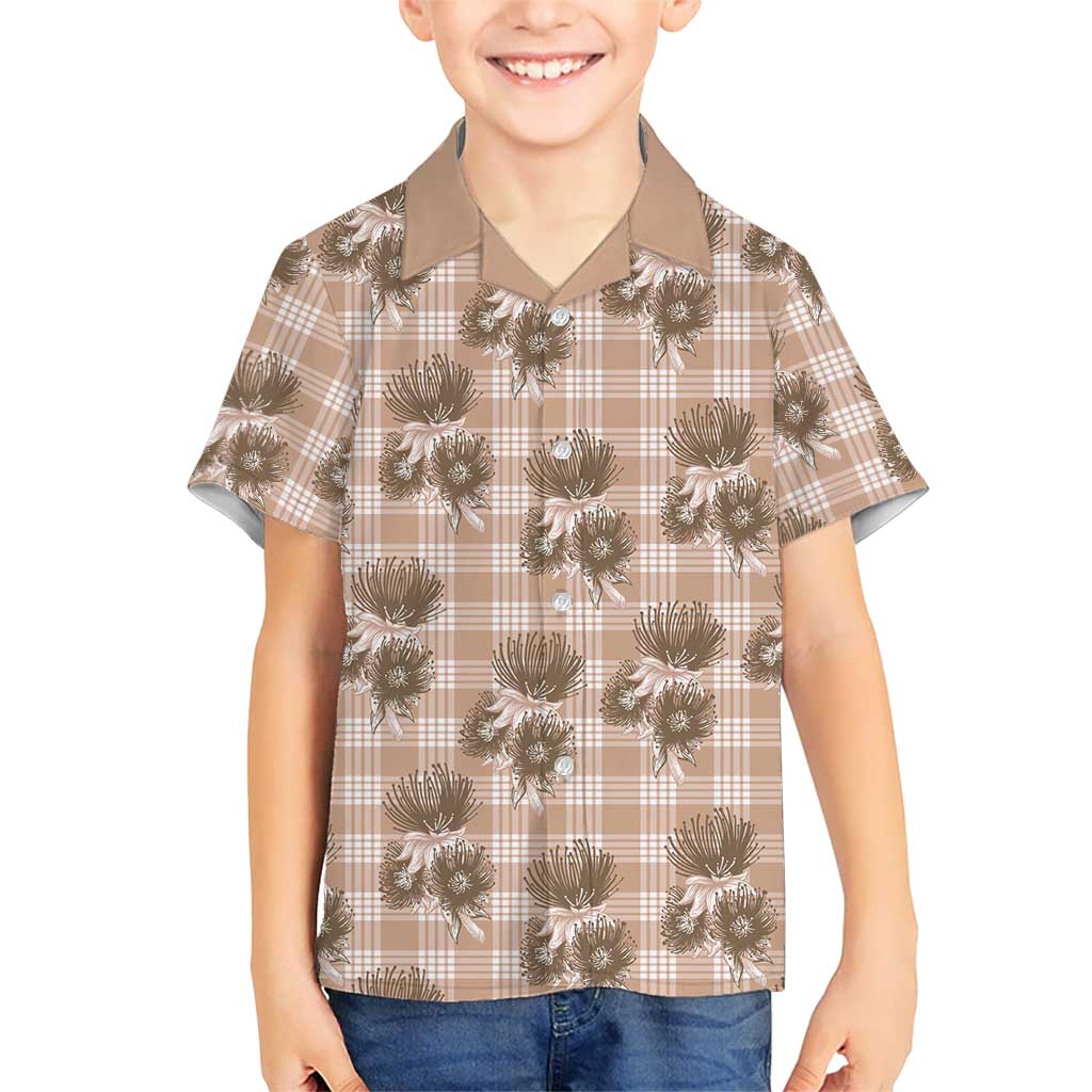 Brown Palaka Hawaii Family Matching Off Shoulder Short Dress and Hawaiian Shirt Hawaiian Lehua Blossoms LT05 Son's Shirt Brown - Polynesian Pride