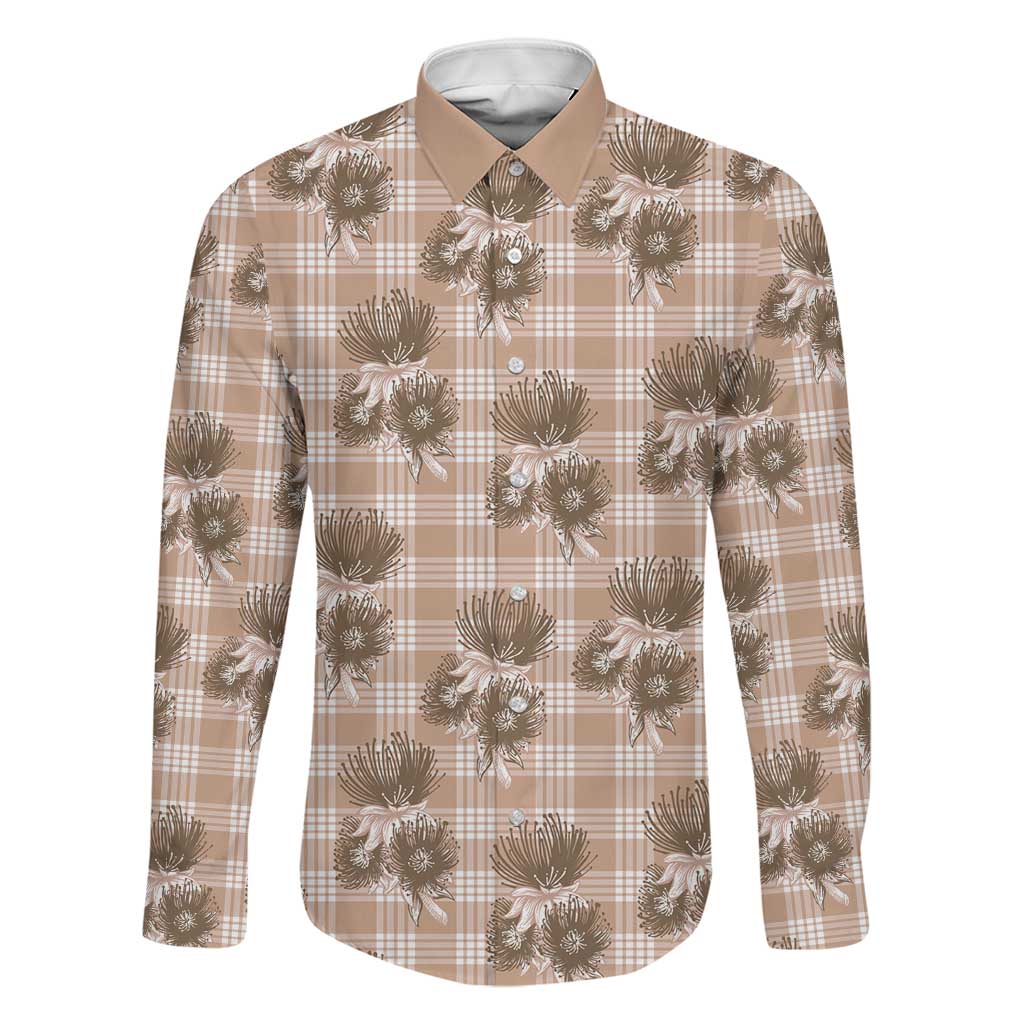 Brown Palaka Hawaii Family Matching Puletasi and Hawaiian Shirt Hawaiian Lehua Blossoms LT05 Dad's Shirt - Long Sleeve Brown - Polynesian Pride