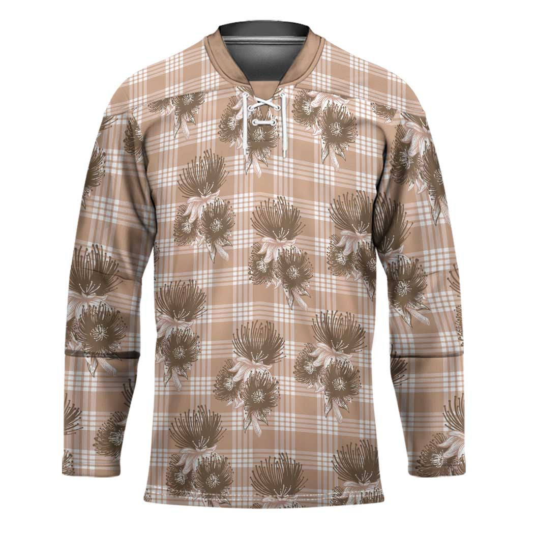 Brown Palaka Hawaii Hockey Jersey Hawaiian Lehua Blossoms LT05 Unisex Brown - Polynesian Pride